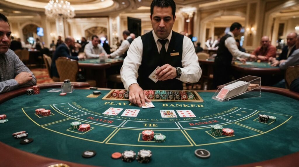 Bàn chơi baccarat trực tuyến với các lá bài và chip cược tại sòng bài
