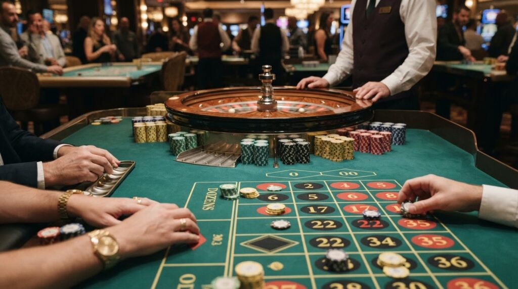 Best Online Casino Sites Singapore Guide A close-up view of a green felt casino table with chips and a roulette wheel.