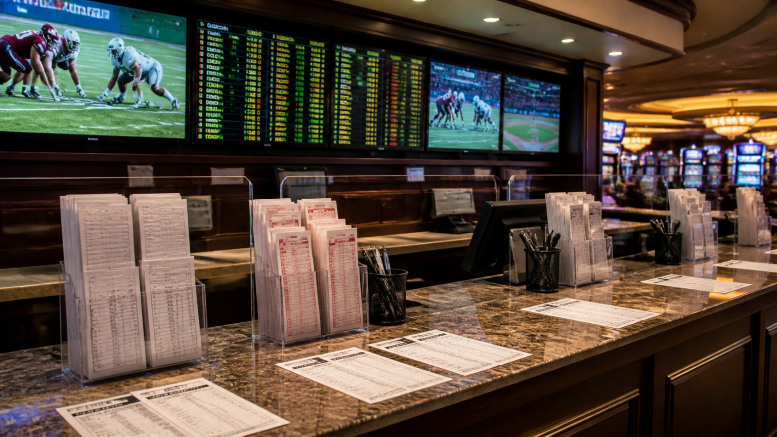 Sports betting counter in a casino with an odds display and betting slips