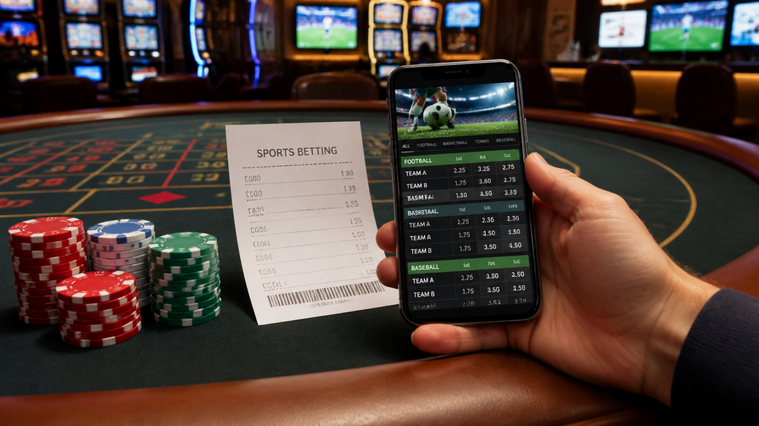 Casino sports betting scene with odds on a phone and betting slip