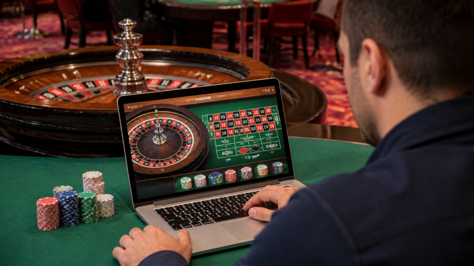 Laptop displaying a casino betting site beside a roulette table