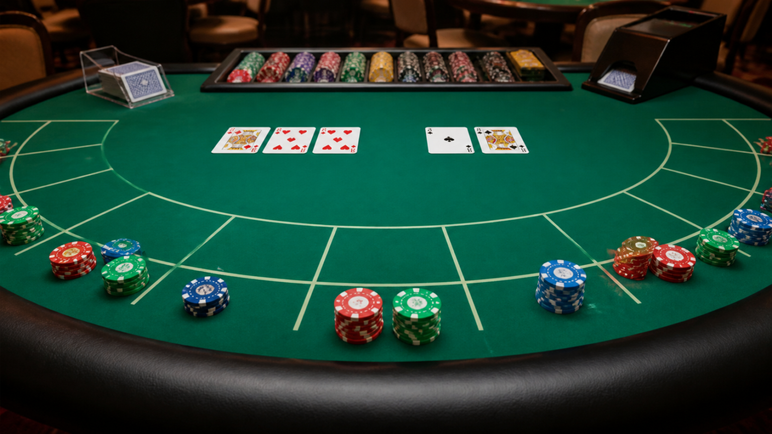 Đánh giá môi trường chơi và thông tin minh bạch: baccarat trực tuyến uy tín Bàn baccarat trong sòng bạc với bài và phỉnh trên mặt bàn xanh