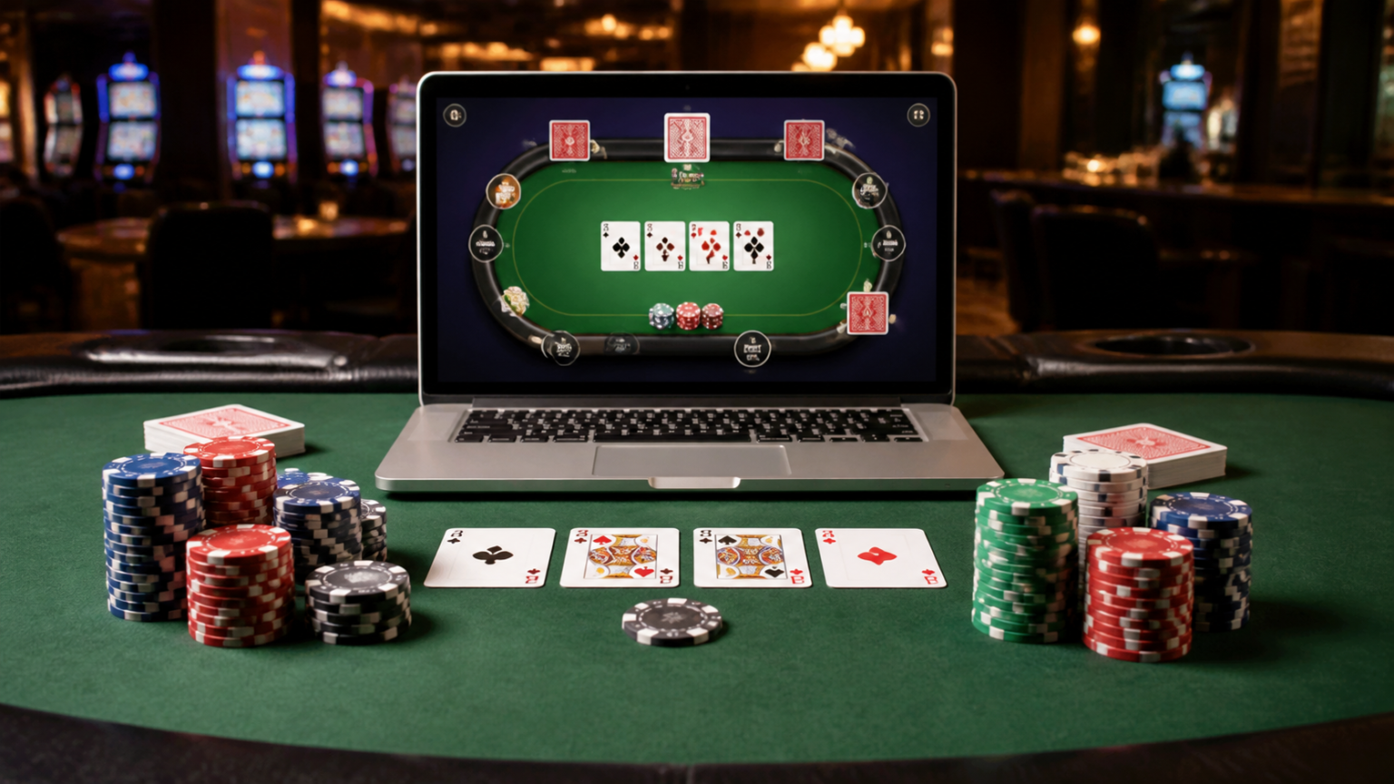 Practical Guide to เกมโป๊กเกอร์ออนไลน์ for New Players Online poker table with cards, chips, and a laptop screen