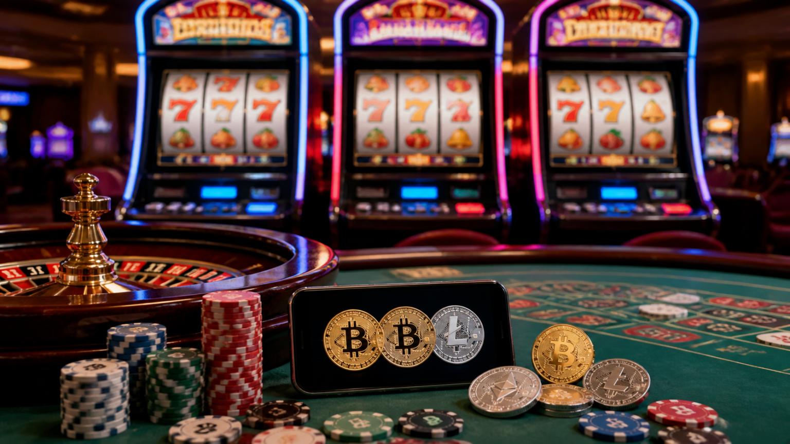 Crypto casino gaming floor with slot machines and digital coin theme