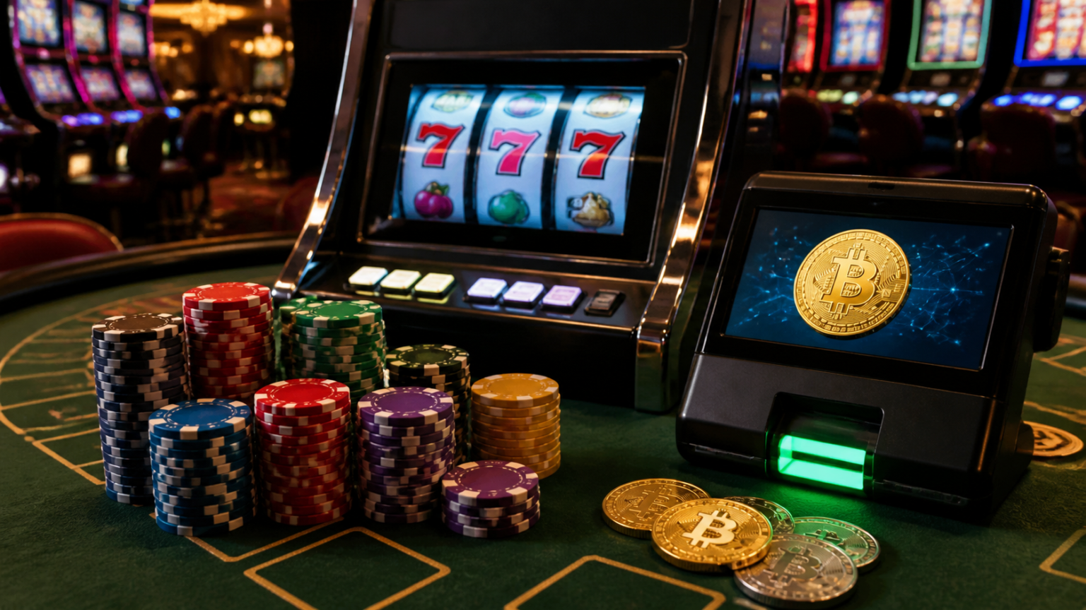 Casino gaming setup with chips and slot machines