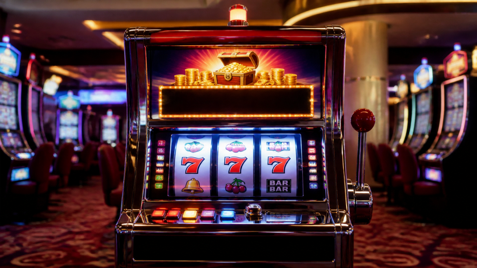 Nổ hủ: Cách tiếp cận trò chơi có trách nhiệm Máy slot casino với các cuộn biểu tượng và màn hình giải thưởng