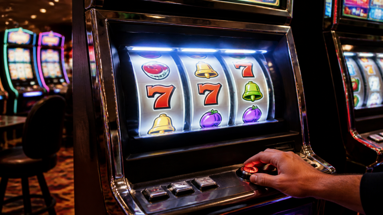 Máy slot casino với người chơi đang bấm quay