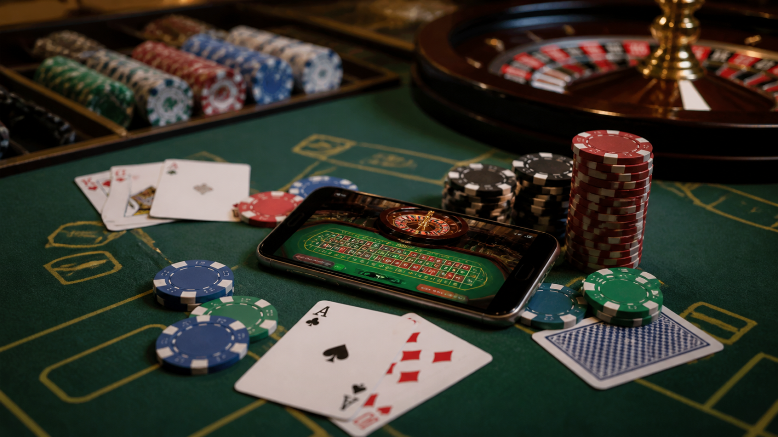 ビットコインカジノとSlots Casinosのゲーム選びを比較する方法 Casino table with chips, cards, and a smartphone for online betting
