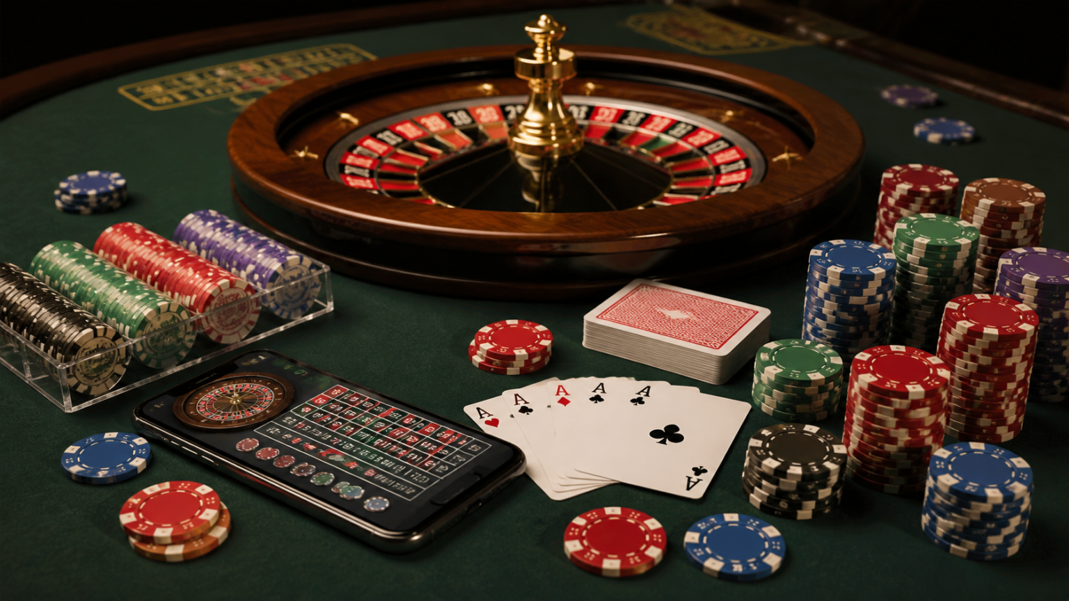 本人確認不要オンラインカジノを安全に楽しむための責任ある利用ガイド Casino roulette table with chips and a phone showing online betting