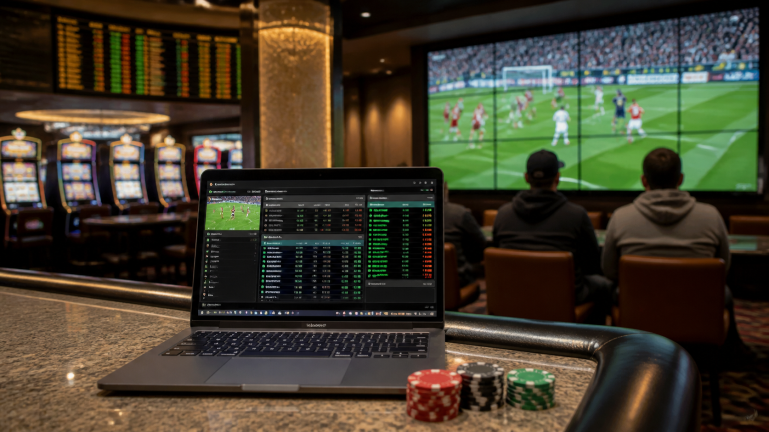 Laptop showing sports betting odds in a casino-related setting