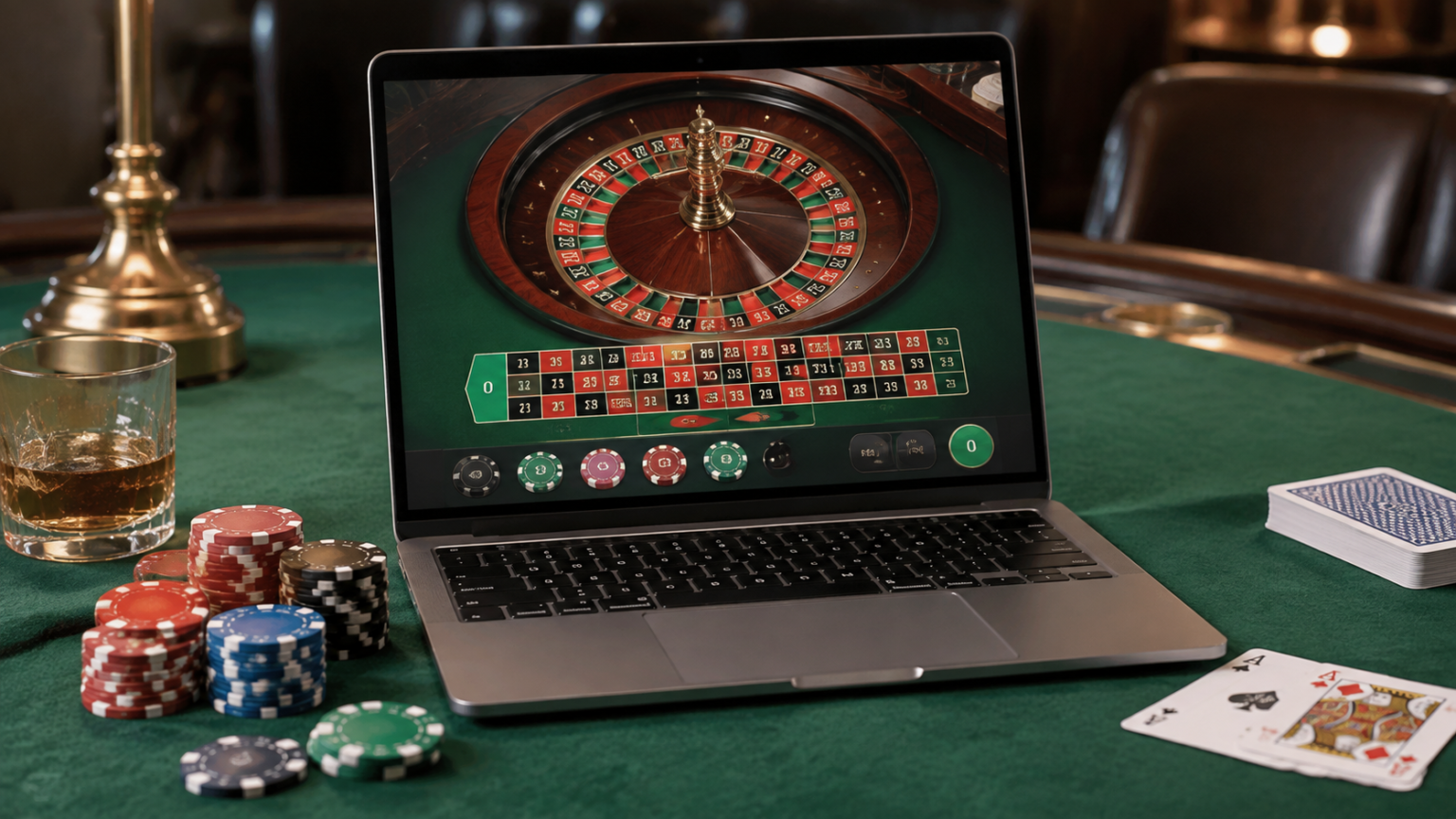 Singapore online casino: A Practical Guide to Game Choices Laptop displaying an online casino roulette game beside playing cards and chips on green felt