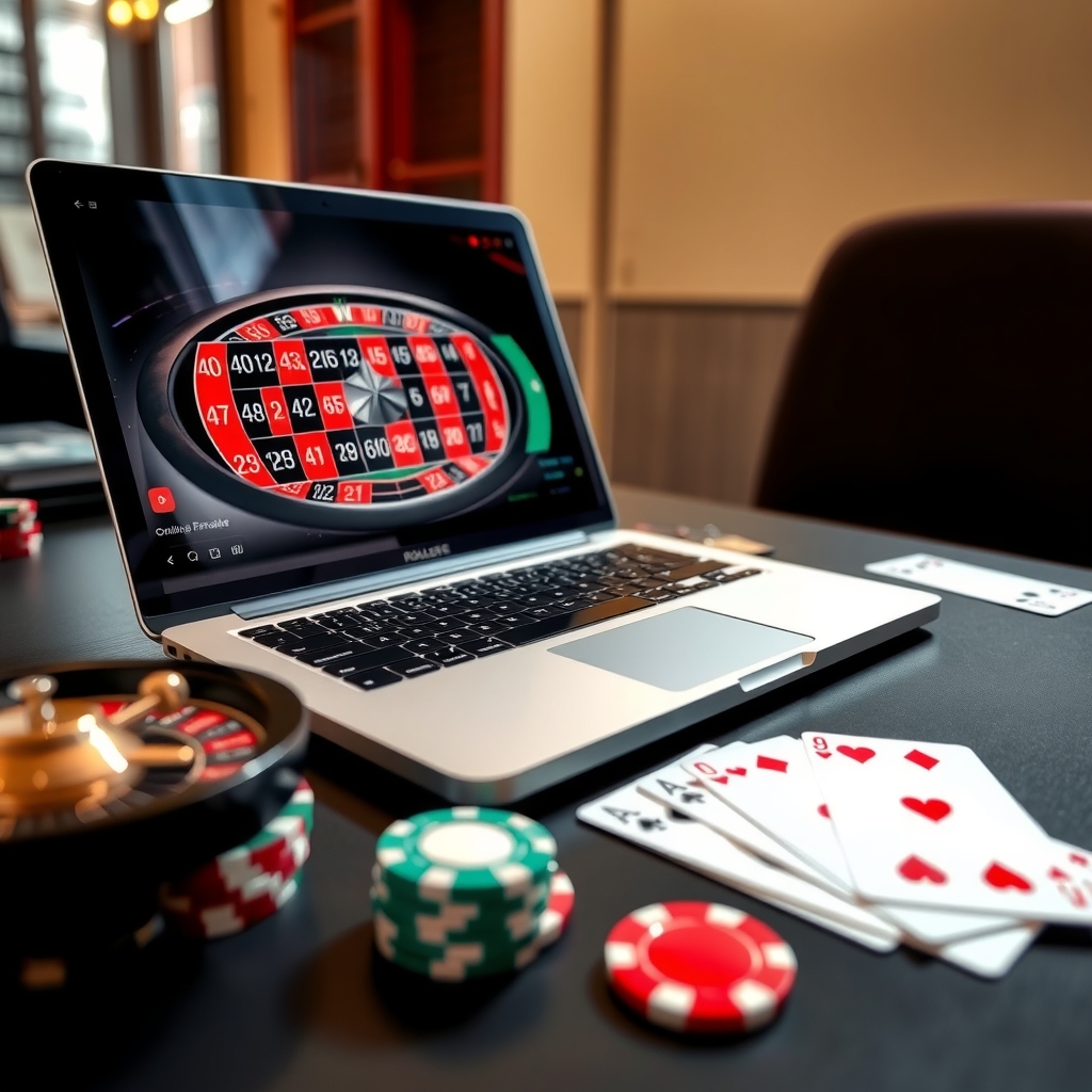 Singapore online casino: Games, Rules and Smarter Choices Laptop displaying an online casino roulette game beside playing cards and casino chips