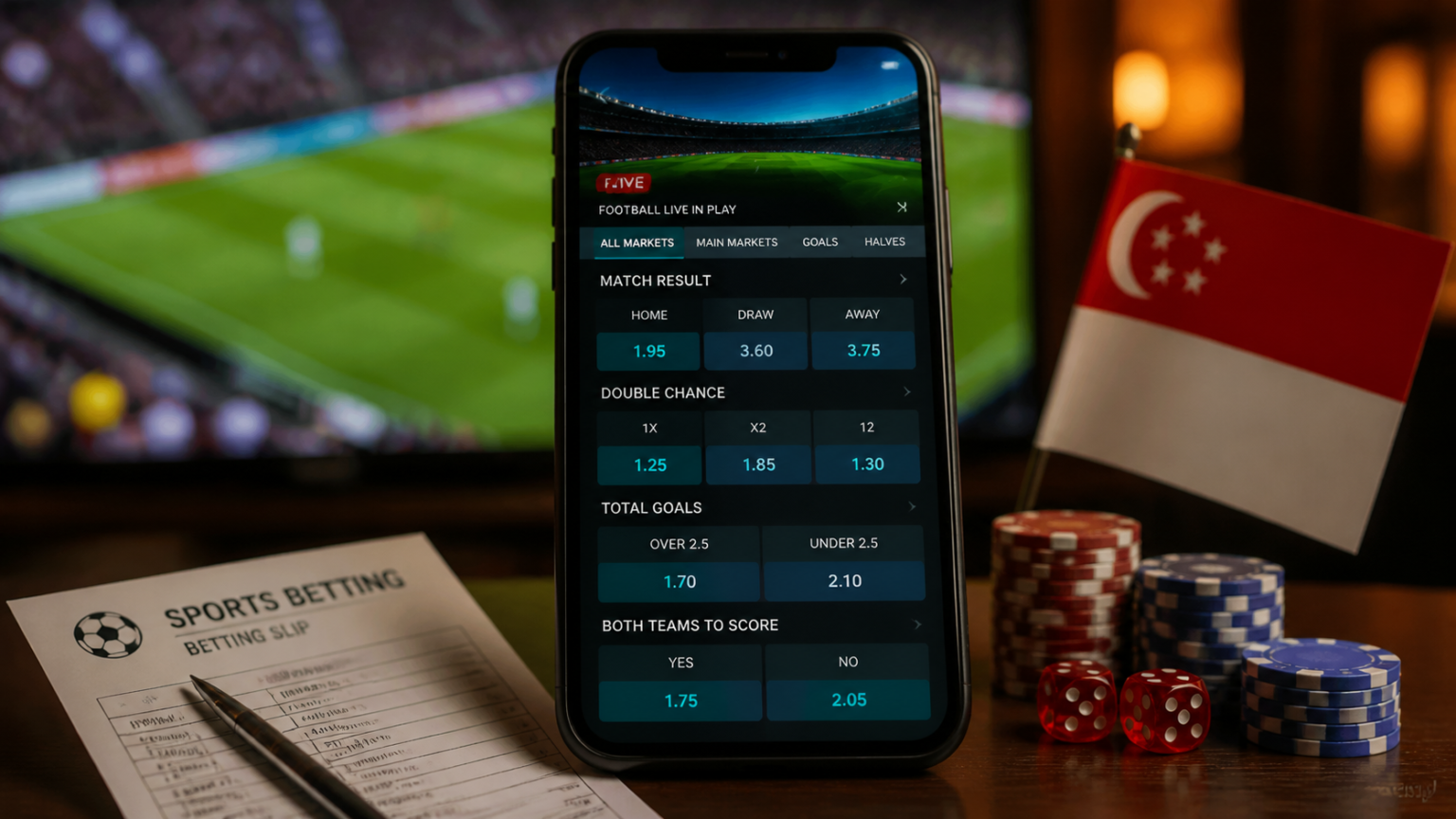 Start With Rules and Personal Eligibility: sports betting sites Singapore Phone showing sports betting odds beside a sports viewing setup