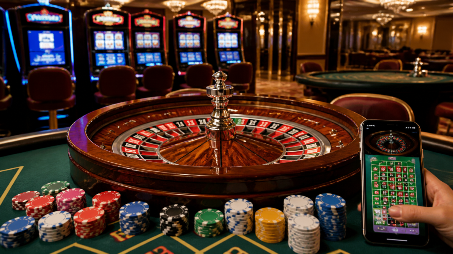 Casino roulette table with slots and a smartphone showing an online casino