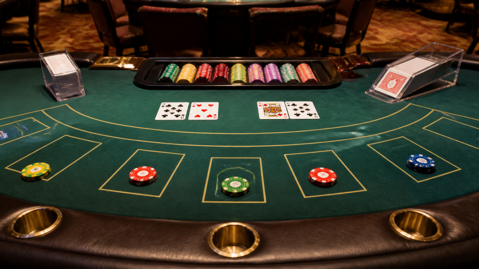 Bàn baccarat với bài và phỉnh trong sòng bài